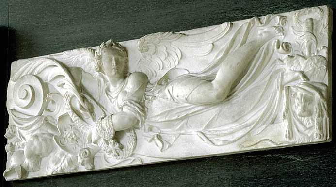 Génie appuyé sur un casque, tenant une corne d'abondance, la lettre H et deux sceptres de France et de Navarre, buste tourné vers la droite_1