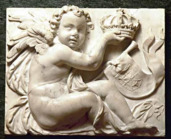 Génie appuyé sur un casque, tenant une corne d'abondance, la lettre H et deux sceptres de France et de Navarre, buste tourné vers la droite_5