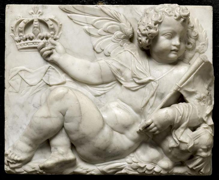 Génie appuyé sur une cuirasse portant une couronne et un pennon aux armes de France_0