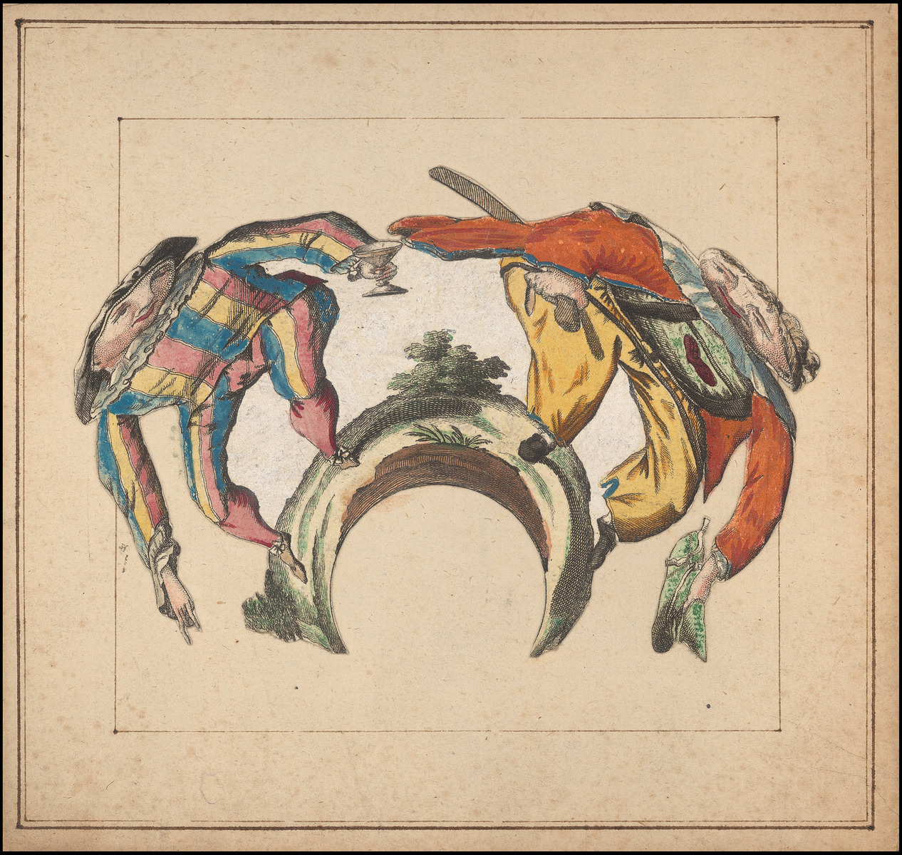 Planche d'anamorphose : personnages de la commedia dell'arte, 19e siècle