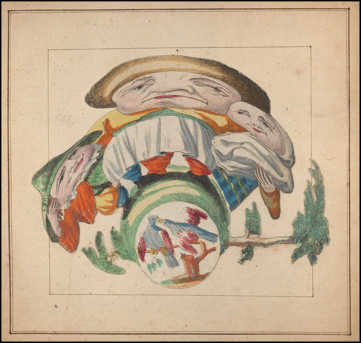 Planche d'anamorphose : homme ou femme avec bébé et enfant, 19e siècle