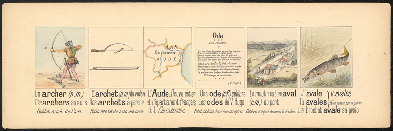 Planche illustrée pour apprendre l'homonymie : archer / archet , Aude / ode, aval / avale, Gustave Valentin Bonnerot, 4e quart 19e siècle