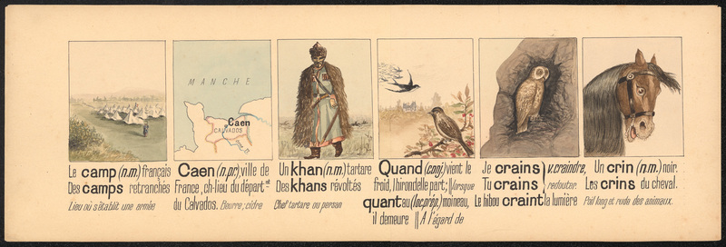 Planche illustrée pour apprendre l'homonymie : camp / Caen / khan / quand, crains / crin, Gustave Valentin Bonnerot, 4e quart 19e siècle