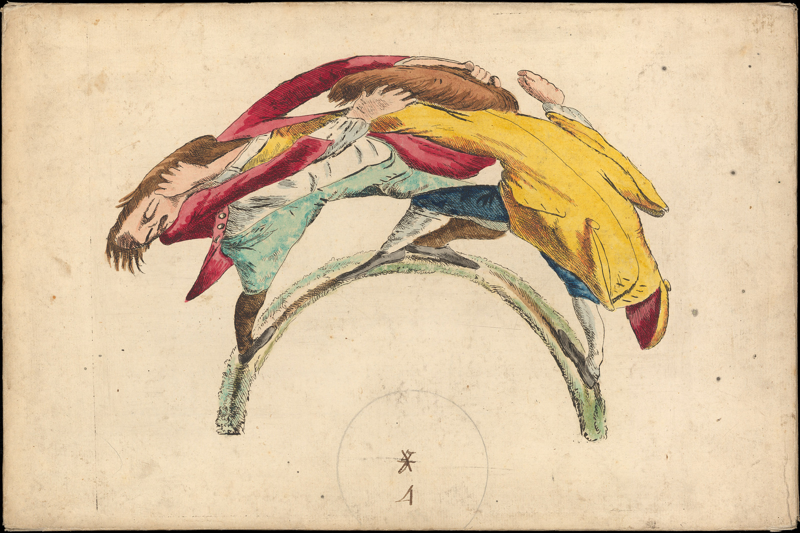 Planche d'anamorphose : rixe entre deux hommes, 1720