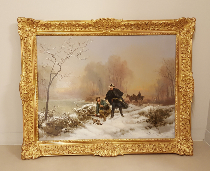 Arrestation d'un braconnier dans un paysage de neige (par deux gendarmes à cheval), Théodore Levigne, 4e quart 19e siècle, 1er quart 20e siècle
