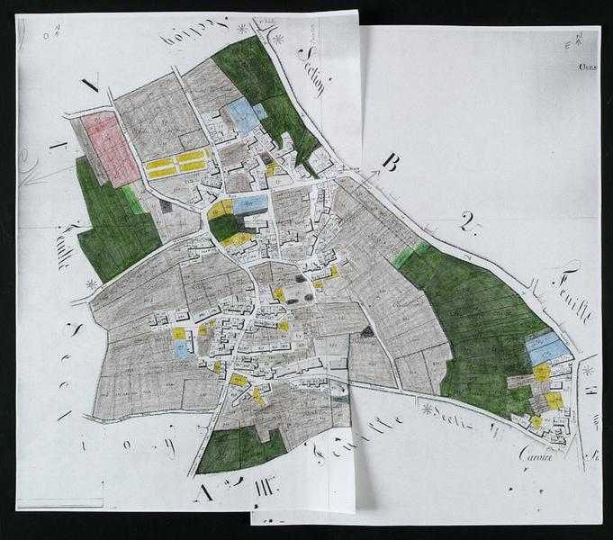 Maquette de préparation du plan cadastral 1819 du village de Venoize, présenté dans l'exposition : histoires de vignes - images du Berry, à Noirlac, 2004. Légende : gris : terres, rouge : vignes, bleu : chenevières, vert : bois, jaune : jardins, noir : terroirs.