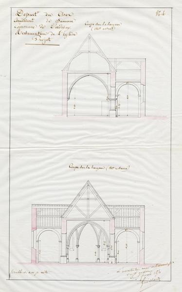 Coupe sur la largeur, état actuel et état restauré, 1853.