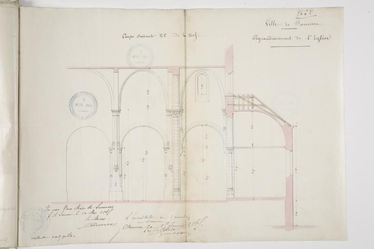 Agrandissement de l'église, coupe de la nef.