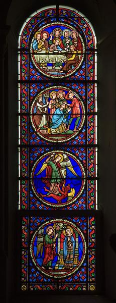 Ensemble de 12 verrières historiées : scènes de la vie de la Vierge, scènes de la vie du Christ, scènes de la vie des saints (baies 0, 1, 2, 5, 6, 7, 9, 11, 12, 13, 14, 17)