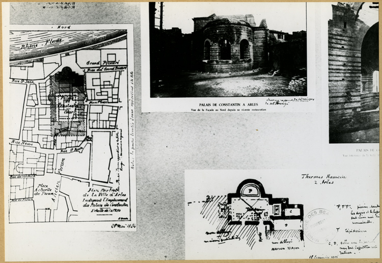 Reproduction d’un plan de situation en 1904 ; Elévation de la façade nord après restauration en 1904 ; Plan des thermes en 1906