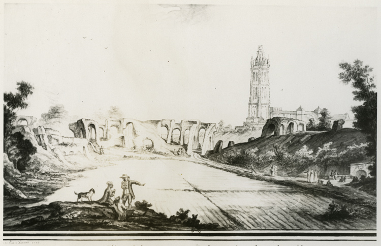 Reproduction d’une aquarelle ; faubourg Saint-Eutrope, vue  de l’intérieur des ruines de l’amphithéâtre