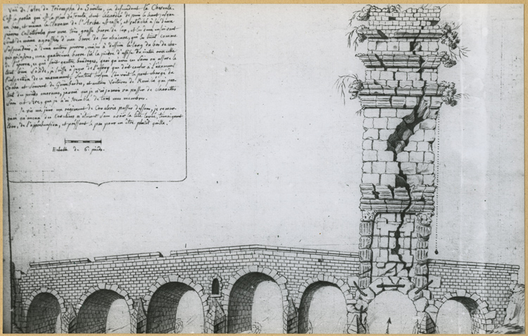 Dessin : élévation  d’un côté de l’arc de triomphe, fissures