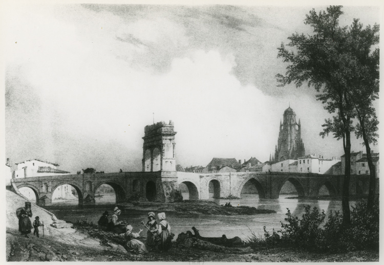 Reproduction d’une lithographie : vue de l’ancien pont avec l’arc de triomphe en son milieu