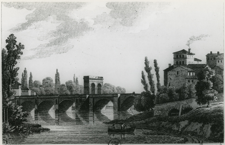 Reproduction d’un dessin : vue de l’ancien pont avec l’arc de triomphe en son milieu