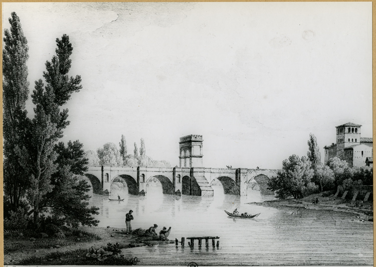 Reproduction d’une lithographie : vue d’un arc romain sur le pont de Sainte