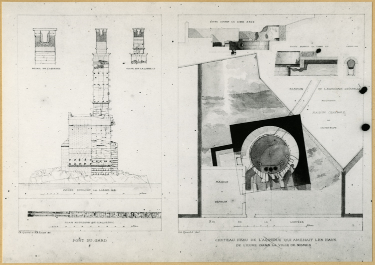 Reproduction de plans et coupes : bastion de l’ancienne citadelle, château d’eau, coupes ; Pont du Gard : coupe selon la ligne AB