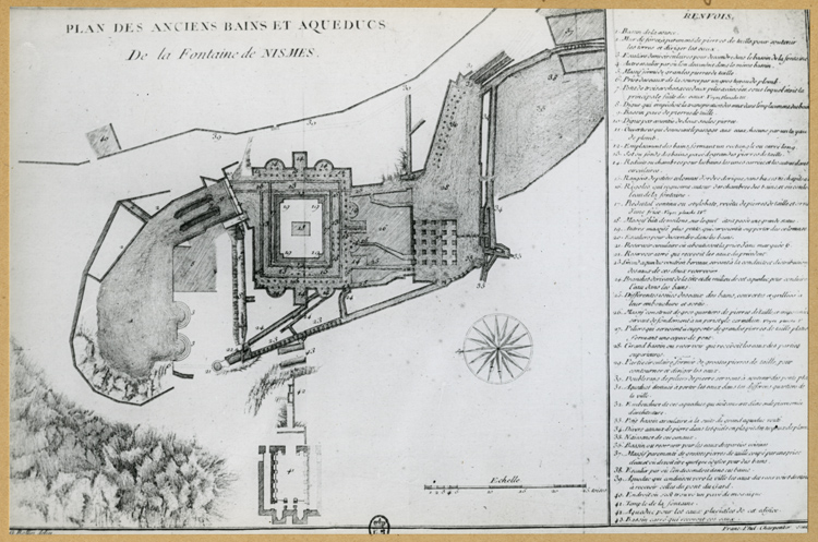 Reproduction de plan avec légende : bains et aqueduc de la Fontaine