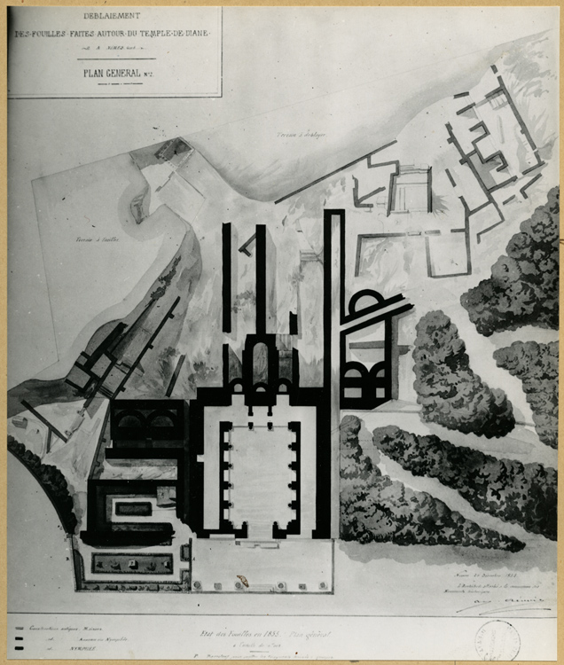 Reproduction d’un plan aquarellé : plan général, état des fouilles en 1855