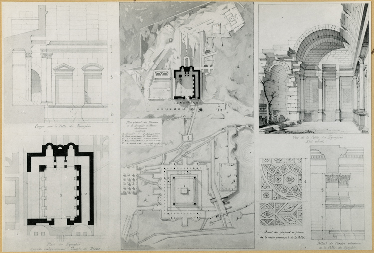 Reproduction d’un plan aquarellé : plan général, vue de la cella, coupe, détails du plafond