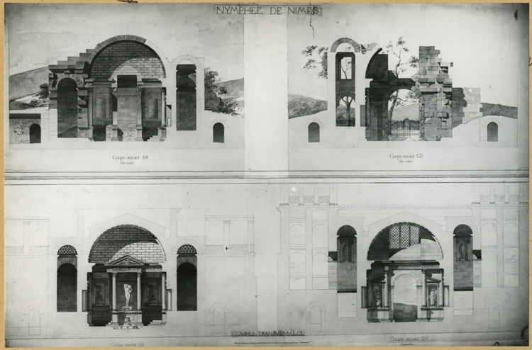 Reproduction d’un relevé : nymphée. Quatre coupes transversales, état actuel et projet de restauration