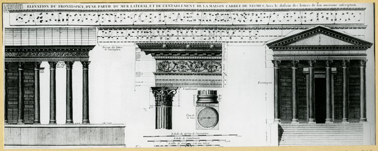 Reproduction d’une gravure : élévation du frontispice, une partie du mur latéral et entablement