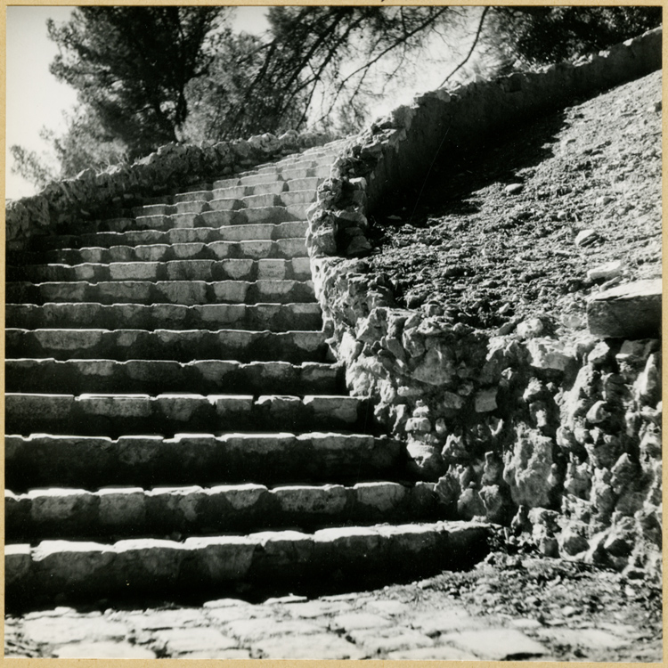 Escalier menant des jardins de la cascade à la tour Magne