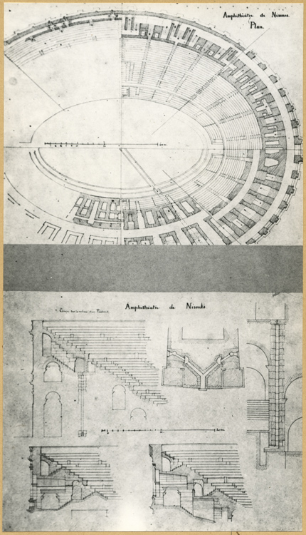 Reproduction de dessins à la plume : pans des gradins, coupes, détails