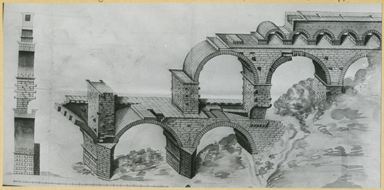 Reproduction d’un dessin aquarellé : élévation d’une partie de l’aqueduc