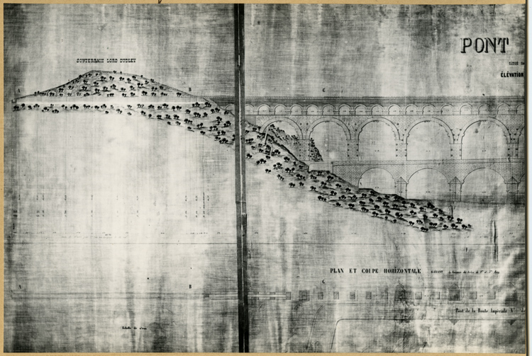 Reproduction d’un dessin : élévation côté midi, panorama du pont, partie gauche