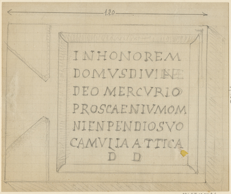 Dessin d’une inscription encastrée dans un mur : dédicace à Mercure - © Ministère de la Culture (France), Médiathèque du patrimoine et de la photographie, diffusion GrandPalaisRmn Photo
