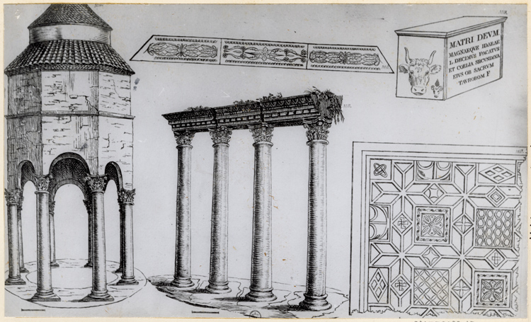 Reproduction d’un dessin : baptistère, temple, mosaïques, inscription