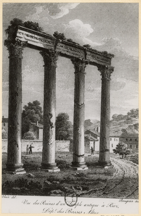 Photographie d’un dessin : représentant les ruines d’un temple