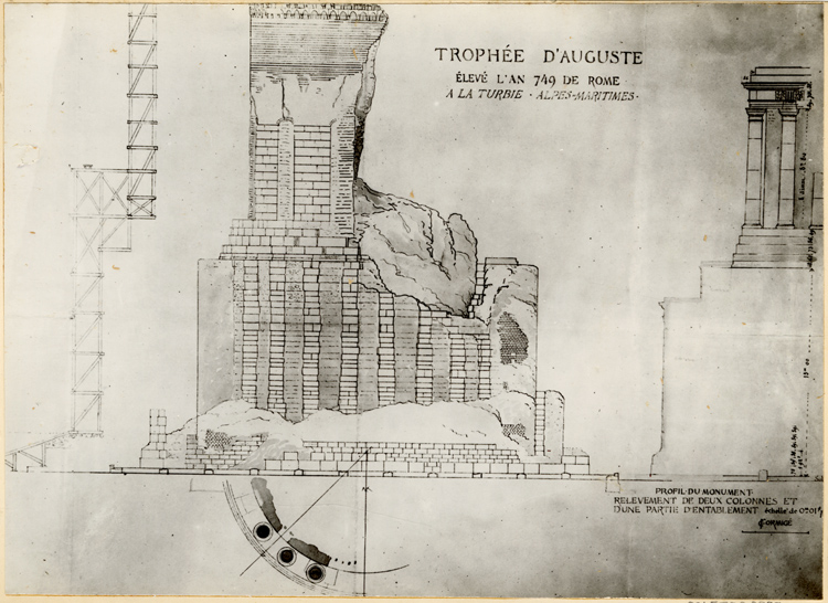 Reproduction du relevé d’une élévation, d’un profil et d’un plan partiel du Trophée d’Auguste