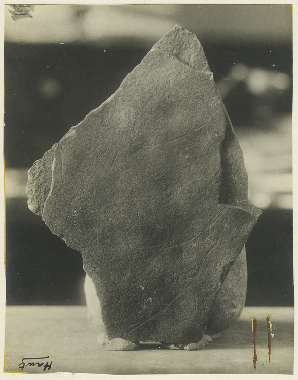 Bloc de pierre orné d’un décor incisé, retrouvé lors de fouilles du Docteur Henri Martin