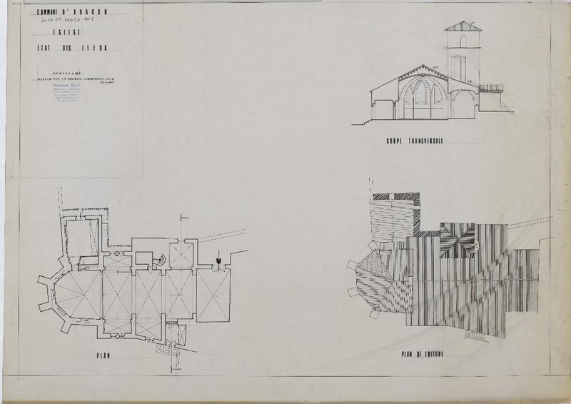 Etat des lieux : plan ; plan de toiture ; coupe transversale.