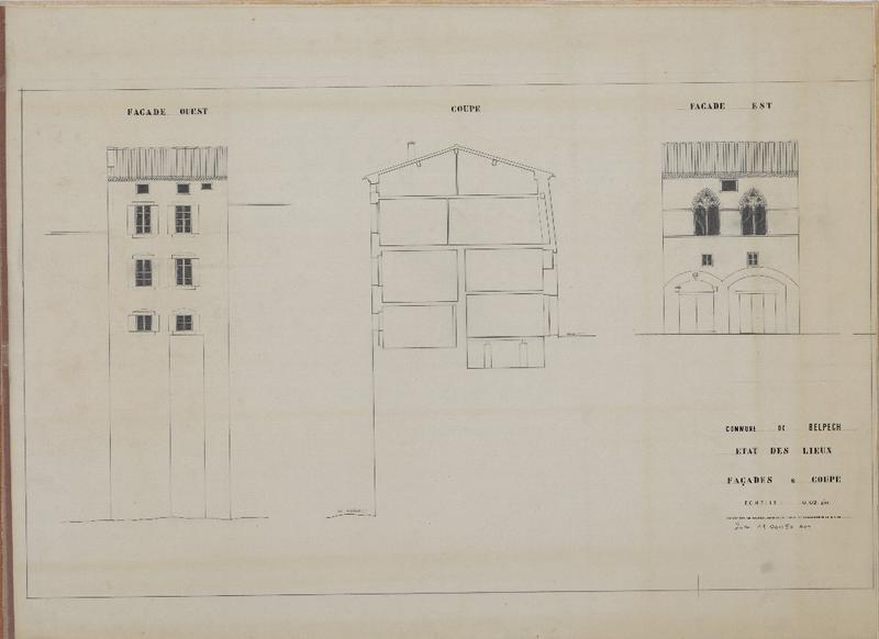 Etat des lieux ; façades est et ouest ; coupe