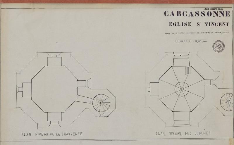 Clocher ; plan de niveau charpente et cloches.