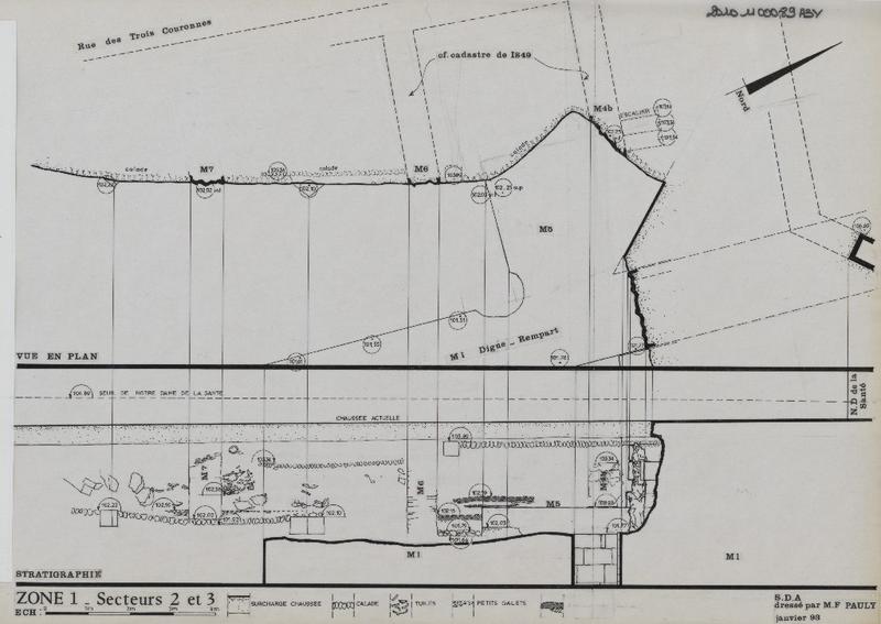 Fouilles jouxtant l'édifice ; plan ; coupe ; zone 1.