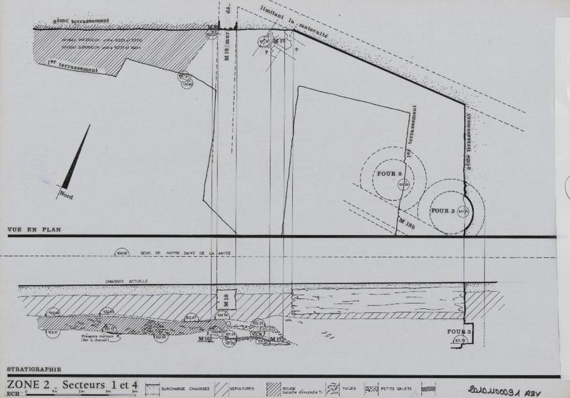 Fouilles jouxtant l'édifice ; plan et coupe ; zone 2.