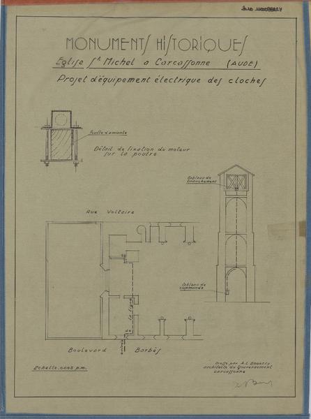 Projet d'équipement électrique des cloches ; plan et coupe.