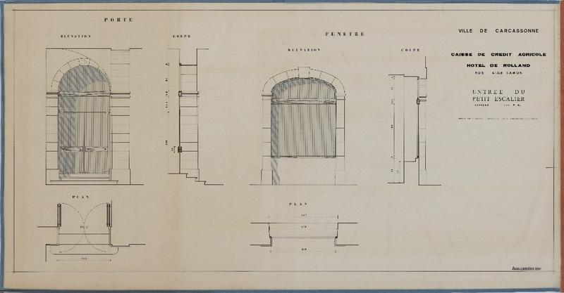 Entrée du petit escalier ; élévations et plan de fenêtres et portes.