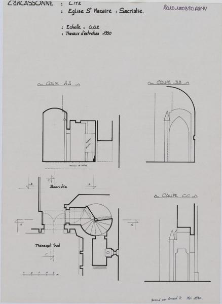 Sacristie ; coupes ; plan partiel.