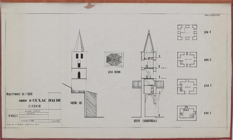 Clocher ; projet ; plans des étages ; coupe ; façade.