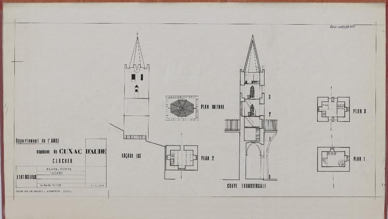 Etat des lieux ; clocher ; façade est ; coupe ; plans des étages.