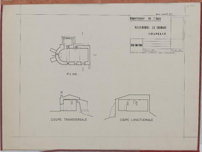 Etat des lieux ; plan, coupes transversale et longitudinale.