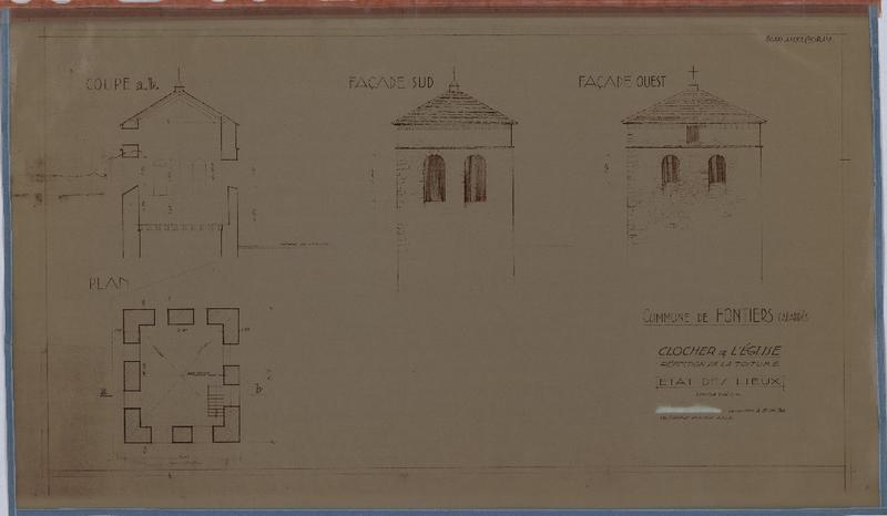 Etat des lieux ; clocher ; réfection de la toiture ; plan ; coupe ; façade sud et ouest.