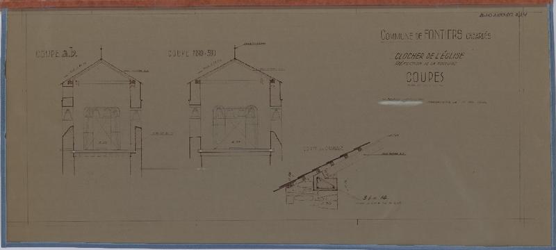 Réfection de la toiture ; clocher ; coupe AB et nord/sud ; coupe sur chainage.