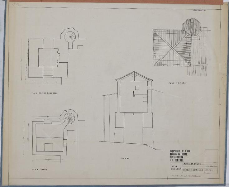 Clocher ; état des lieux ; plan RDC, étage et toiture ; coupe.