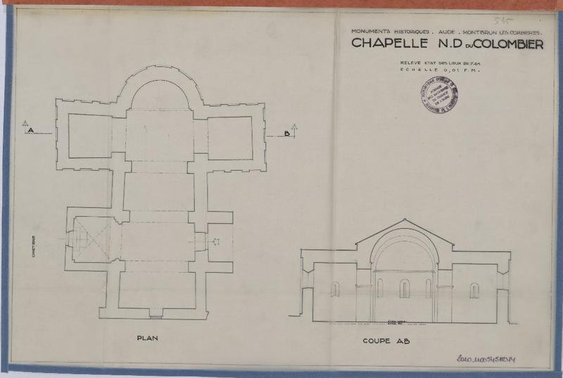 Relevé d'état des lieux ; plan et coupe AB.