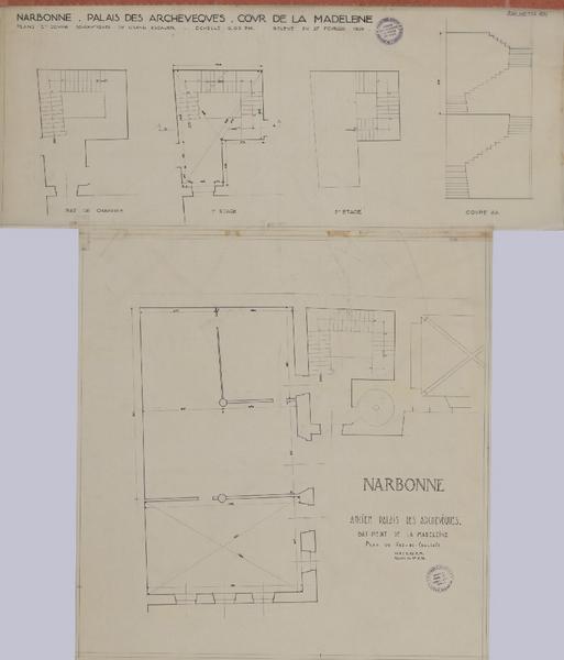 Bâtiment de la Madeleine ; plan du RDC ; cour de la Madeleine : plans et coupes schématique de l'escalier